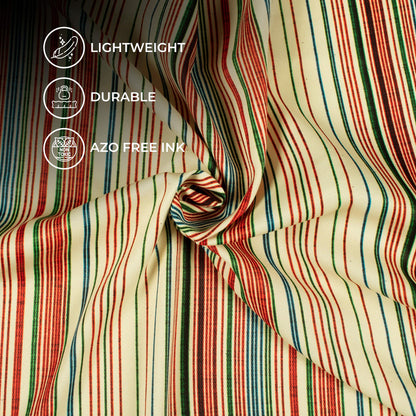 Cream And Sangria Red Stripes Pattern Digital Print Twill Fabric (Width 56 Inches)