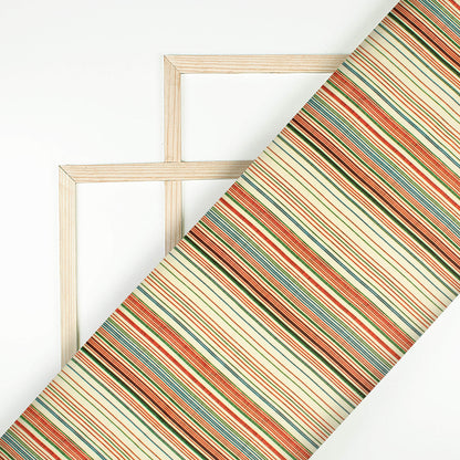 Cream And Sangria Red Stripes Pattern Digital Print Twill Fabric (Width 56 Inches)