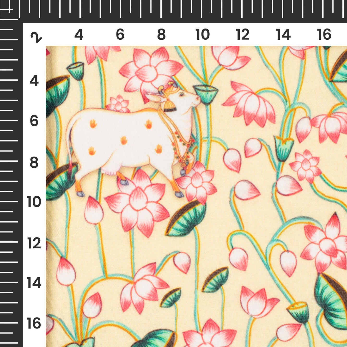 Pastel Yellow And Coral Red Pichwaii Pattern Digital Print Poly Cambric Fabric