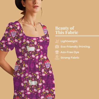 Magenta Purple And Taffy Pink Pichwaii Pattern Digital Print Poly Cambric Fabric