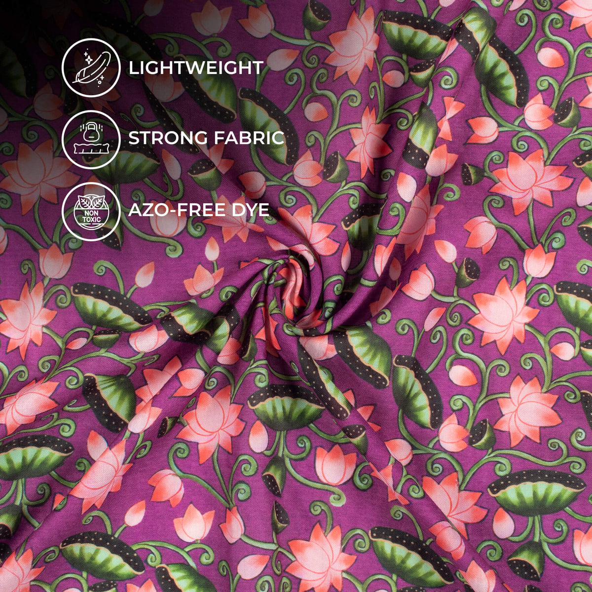 Plum Purple And Coral Pink Pichwaii Pattern Digital Print Poly Cambric Fabric