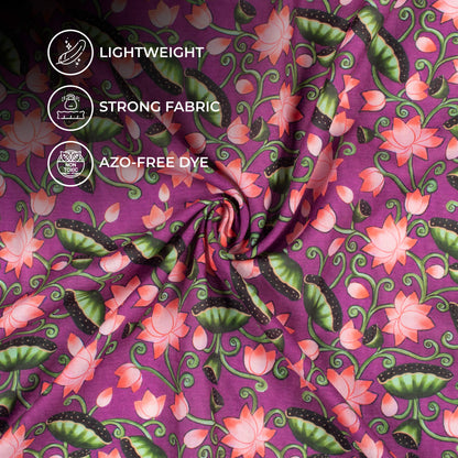 Plum Purple And Coral Pink Pichwaii Pattern Digital Print Poly Cambric Fabric