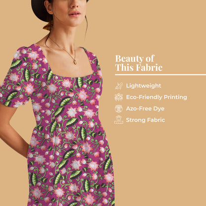 Plum Purple And Coral Pink Pichwaii Pattern Digital Print Poly Cambric Fabric