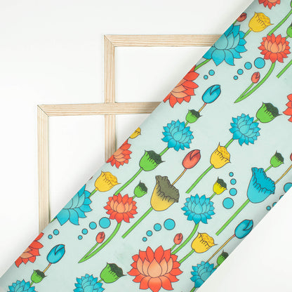 Pale Blue And Red Pichwaii Pattern Digital Print Poly Cambric Fabric