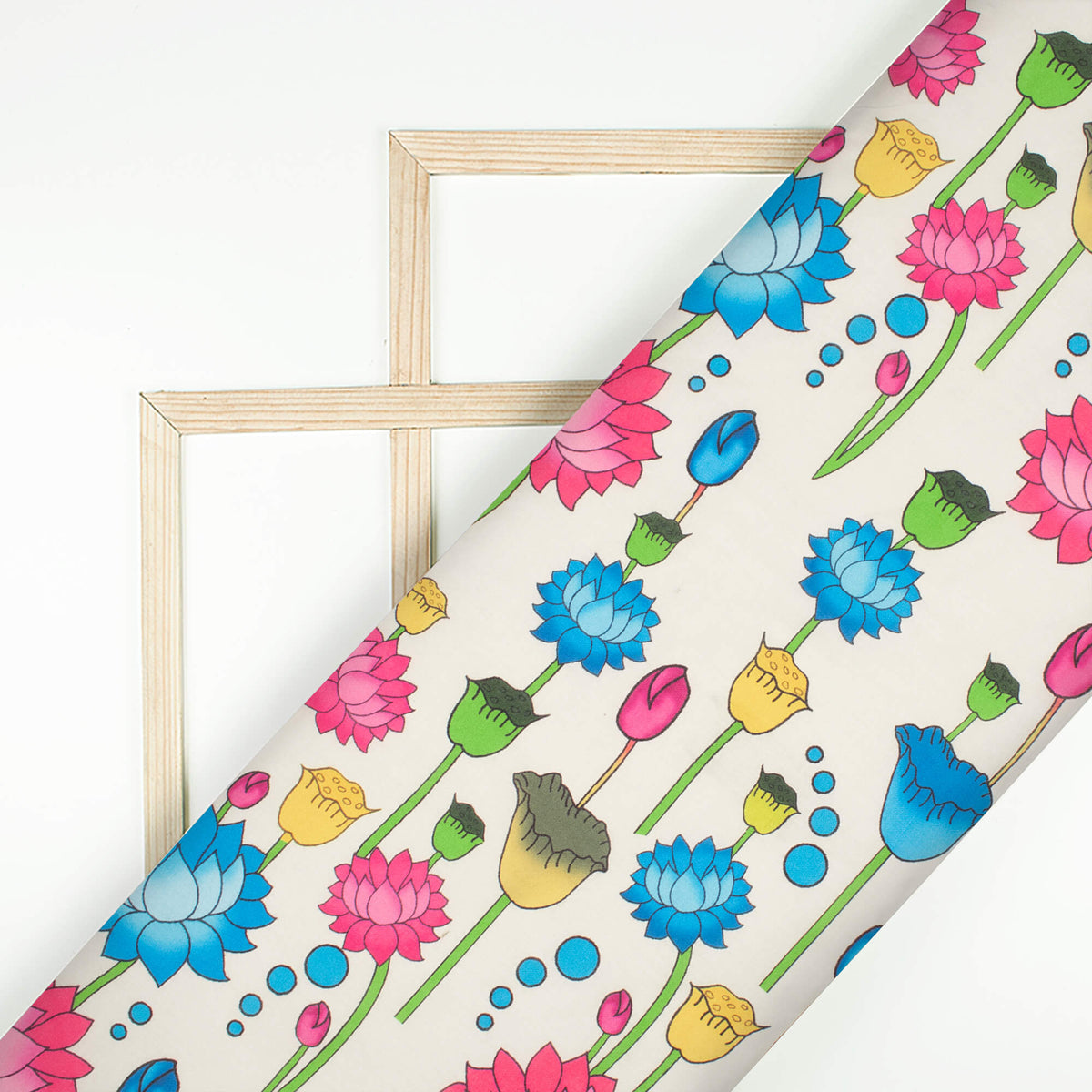 Cream And Blue Pichwaii Pattern Digital Print Poly Cambric Fabric