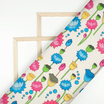 Cream And Blue Pichwaii Pattern Digital Print Poly Cambric Fabric