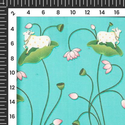 Aqua Blue And Light Pink Pichwaii Pattern Digital Print Poly Cambric Fabric