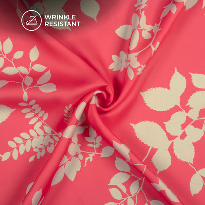 Strawberry Pink And Linen Beige Leaf Digital Print Imported Satin Fabric