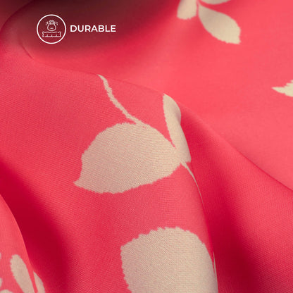Strawberry Pink And Linen Beige Leaf Digital Print Imported Satin Fabric