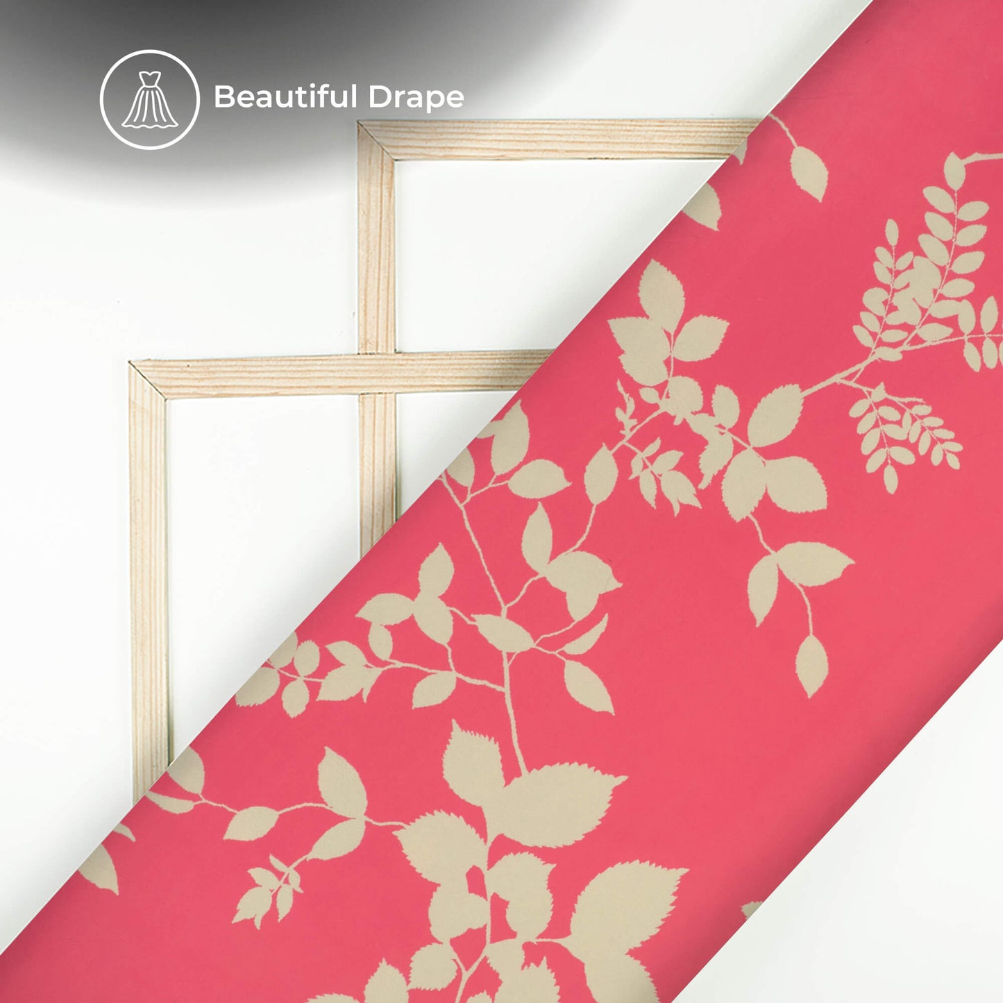 Strawberry Pink And Linen Beige Leaf Digital Print Imported Satin Fabric