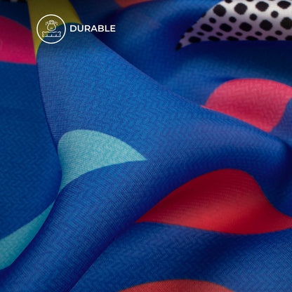 Sapphire Blue And Red Abstract Digital Print Imported Satin Fabric