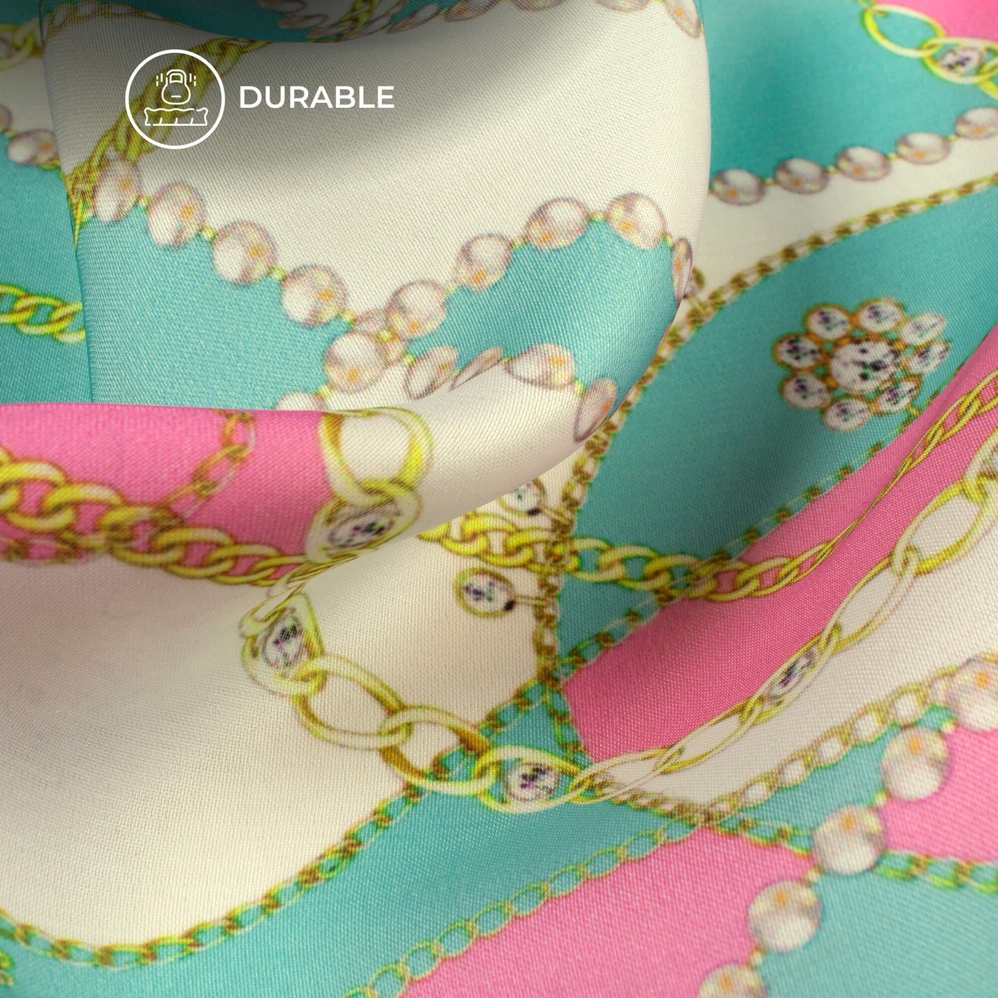 Aqua Green And Taffy Pink Chain Digital Print Imported Satin Fabric
