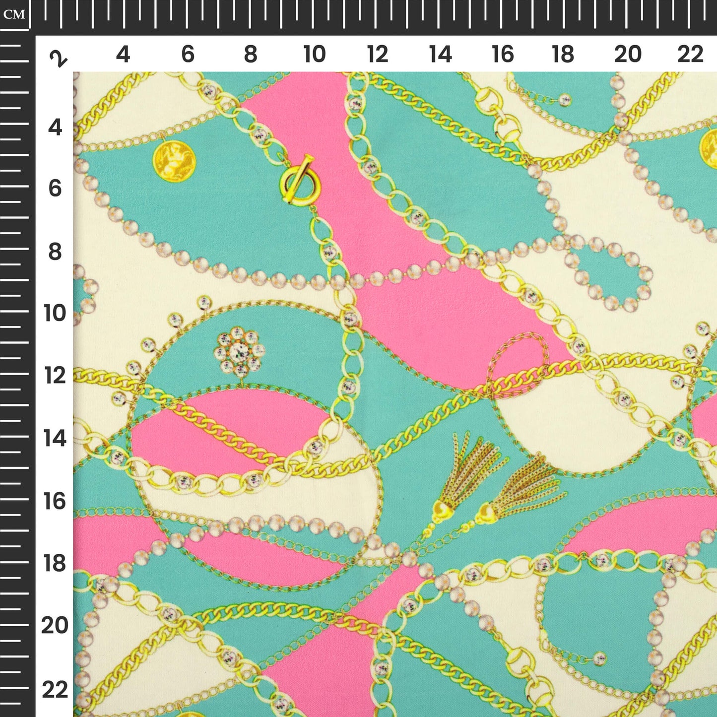 Aqua Green And Taffy Pink Chain Digital Print Imported Satin Fabric