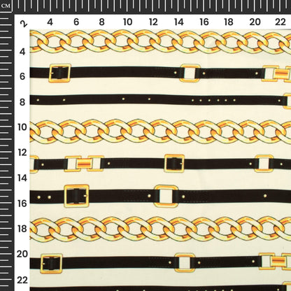 White And Honey Yellow Chain Digital Print Imported Satin Fabric