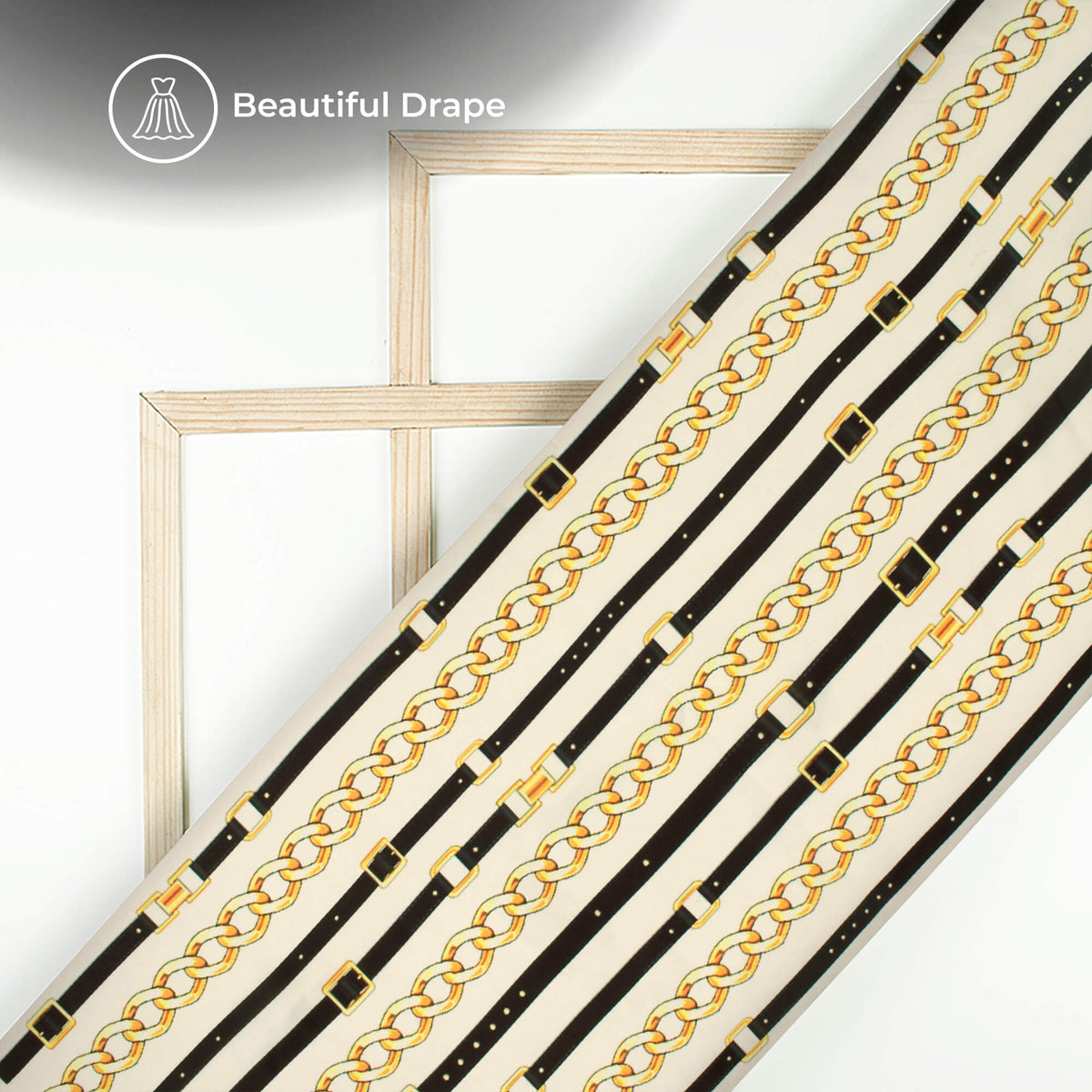 White And Honey Yellow Chain Digital Print Imported Satin Fabric