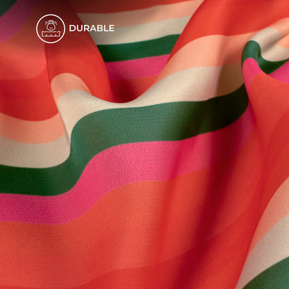 Red And Teal Green Stripes Digital Print Imported Satin Fabric