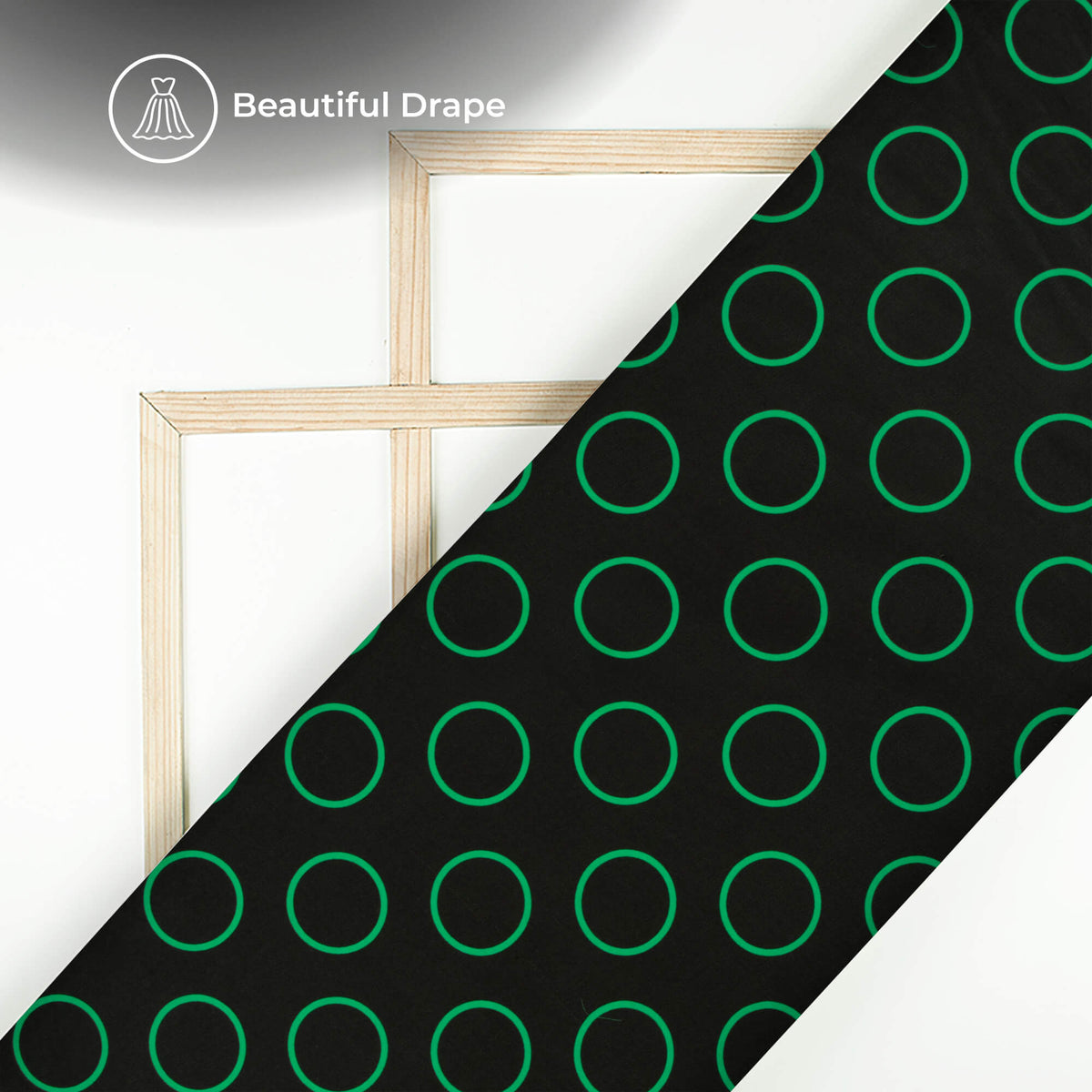 Black And Cadmium Green Polka Dots Digital Print Imported Satin Fabric