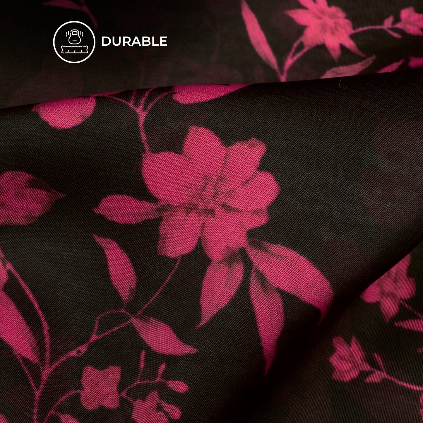 Black And Punch Pink Floral Digital Print Imported Satin Fabric