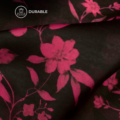 Black And Punch Pink Floral Digital Print Imported Satin Fabric