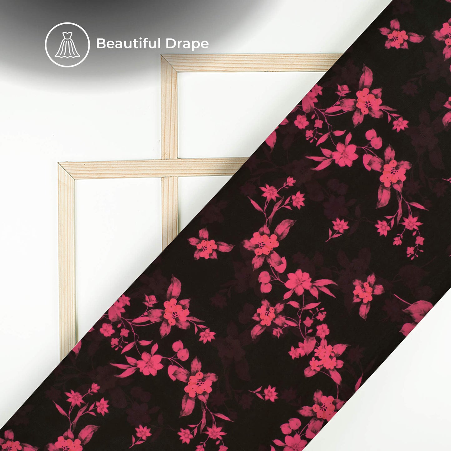Black And Punch Pink Floral Digital Print Imported Satin Fabric