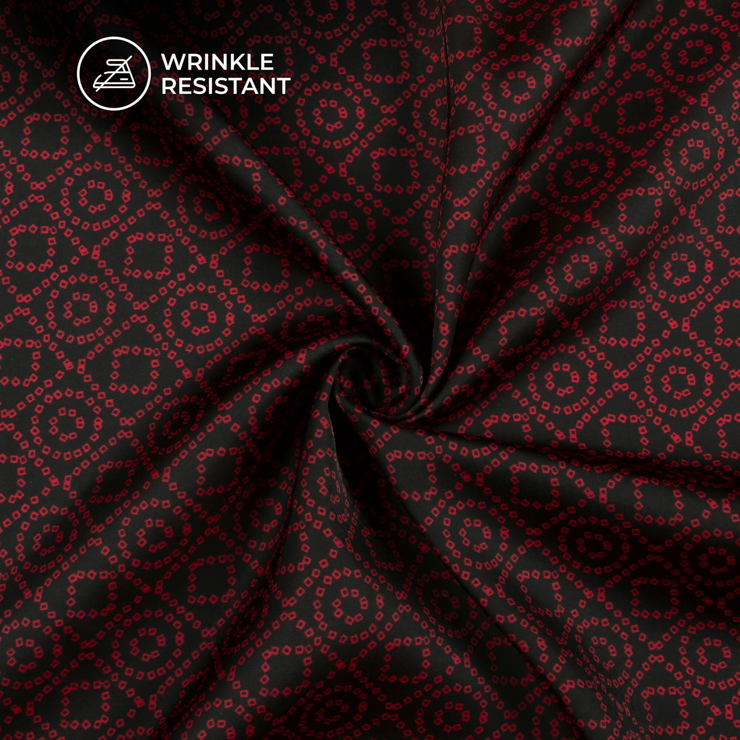 Black And Vermilion Red Bandhani Digital Print Imported Satin Fabric