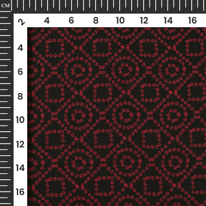 Black And Vermilion Red Bandhanii Digital Print Imported Satin Fabric