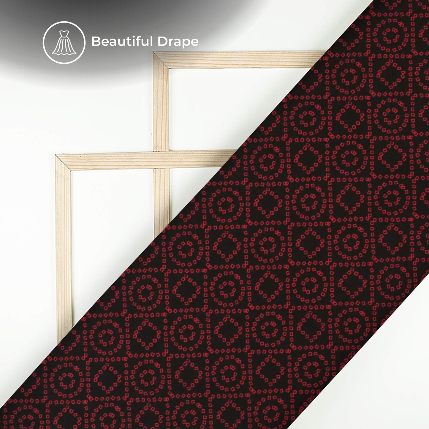 Black And Vermilion Red Bandhani Digital Print Imported Satin Fabric
