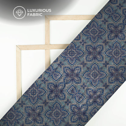 Dark Grey And Blue Traditional Pattern Digital Print Premium Velvet Fabric