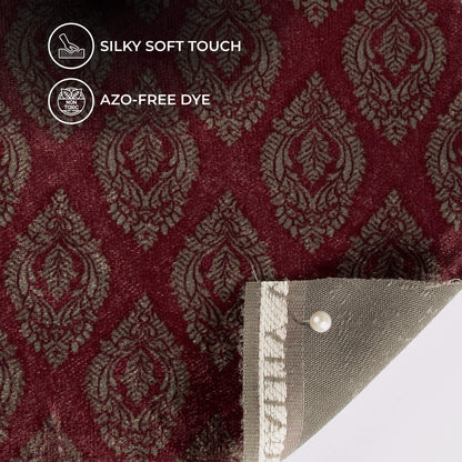 Dark Red And Grey Ethnic Pattern Digital Print Premium Velvet Fabric