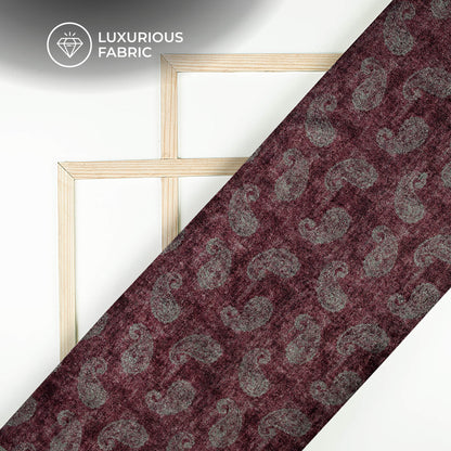 Purple And Dark Grey Paisley Pattern Digital Print Premium Velvet Fabric