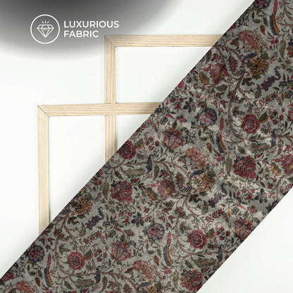 Dark Grey Floral Pattern Digital Print Premium Velvet Fabric