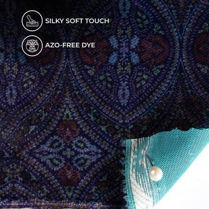 Dark Purple And Turquoise Blue Traditional Pattern Digital Print Premium Velvet Fabric