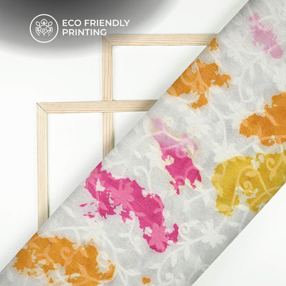 Snow White And Yellow Tye And Dye Pattern Digital Print Floral Brasso Fabric
