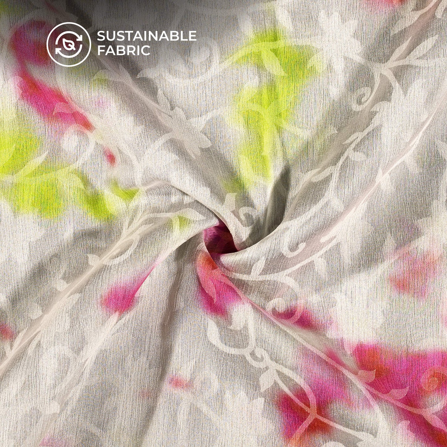 Off White And Pink Tie & Dye Pattern Digital Print Floral Brasso Fabric