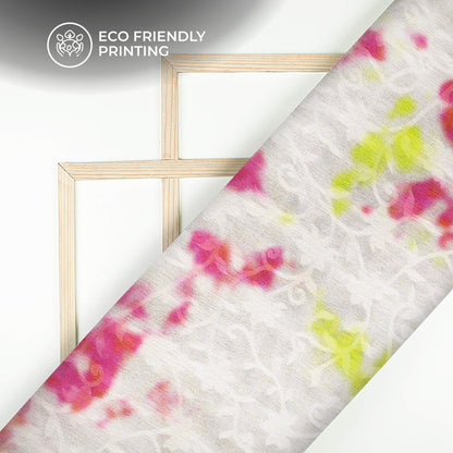 Off White And Pink Tye And Dye Pattern Digital Print Floral Brasso Fabric