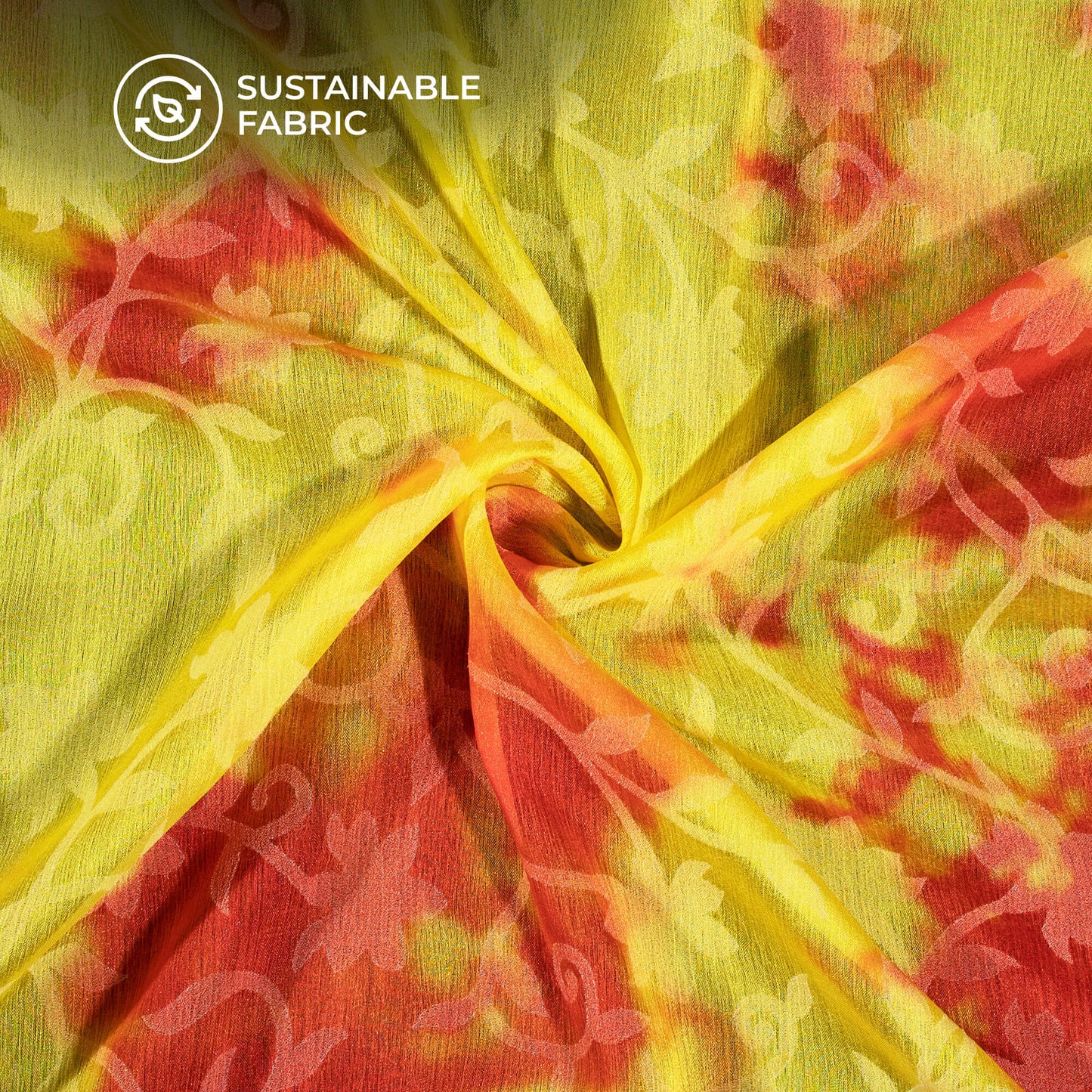Lemon Yellow And Coral Orange Tie & Dye Pattern Digital Print Floral Brasso Fabric