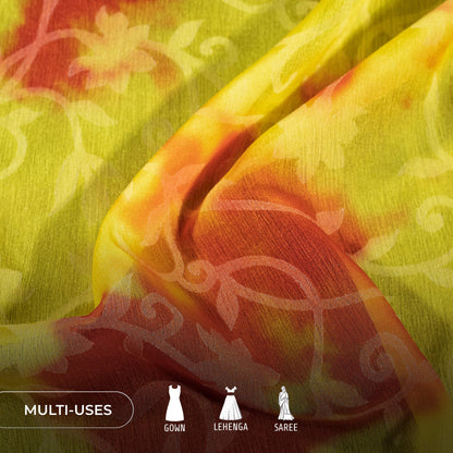 Lemon Yellow And Coral Orange Tye And Dye Pattern Digital Print Floral Brasso Fabric