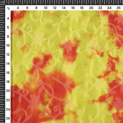 Lemon Yellow And Coral Orange Tye And Dye Pattern Digital Print Floral Brasso Fabric
