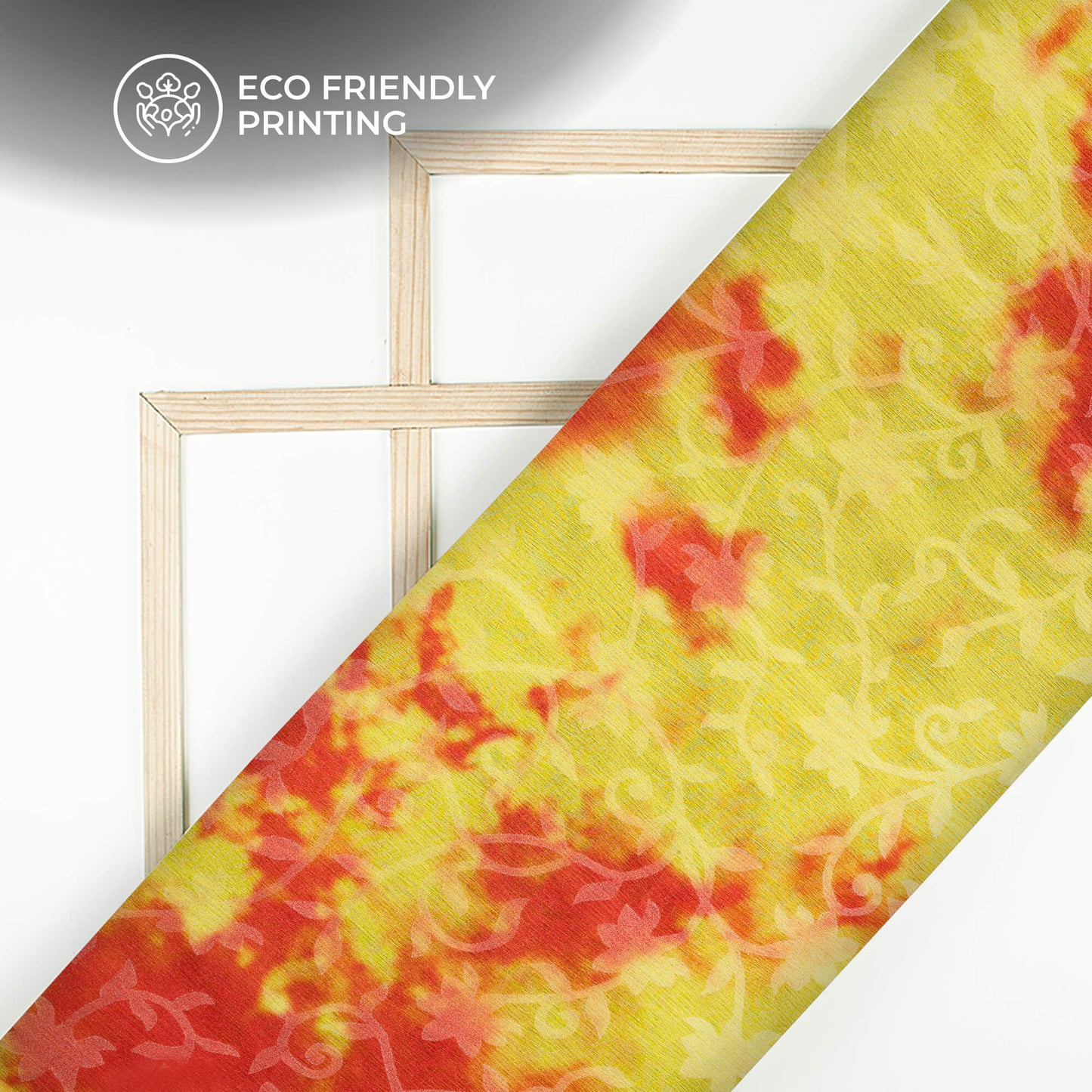 Lemon Yellow And Coral Orange Tie & Dye Pattern Digital Print Floral Brasso Fabric