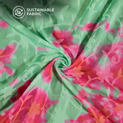 Aqua Green And Pink Tye And Dye Pattern Digital Print Floral Brasso Fabric