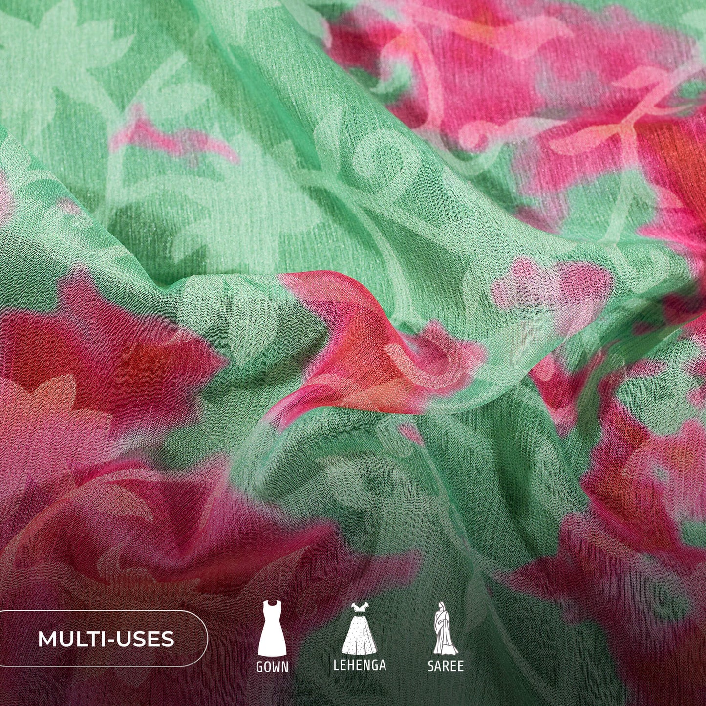 Aqua Green And Pink Tie & Dye Pattern Digital Print Floral Brasso Fabric