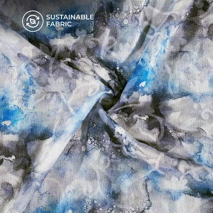 Steel Grey And Blue Tye And Dye Pattern Digital Print Floral Brasso Fabric