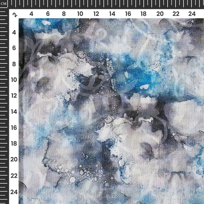 Steel Grey And Blue Tye And Dye Pattern Digital Print Floral Brasso Fabric