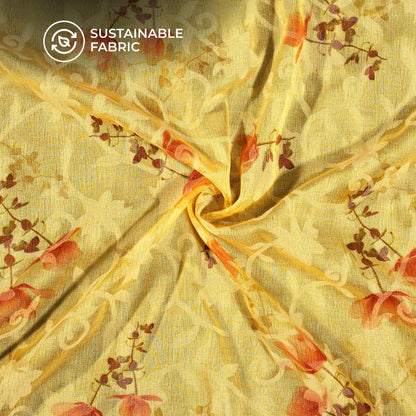 Flax Yellow And Red Floral Pattern Digital Print Floral Brasso Fabric
