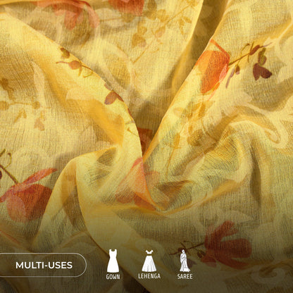 Flax Yellow And Red Floral Pattern Digital Print Floral Brasso Fabric