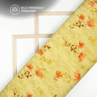 Flax Yellow And Red Floral Pattern Digital Print Floral Brasso Fabric