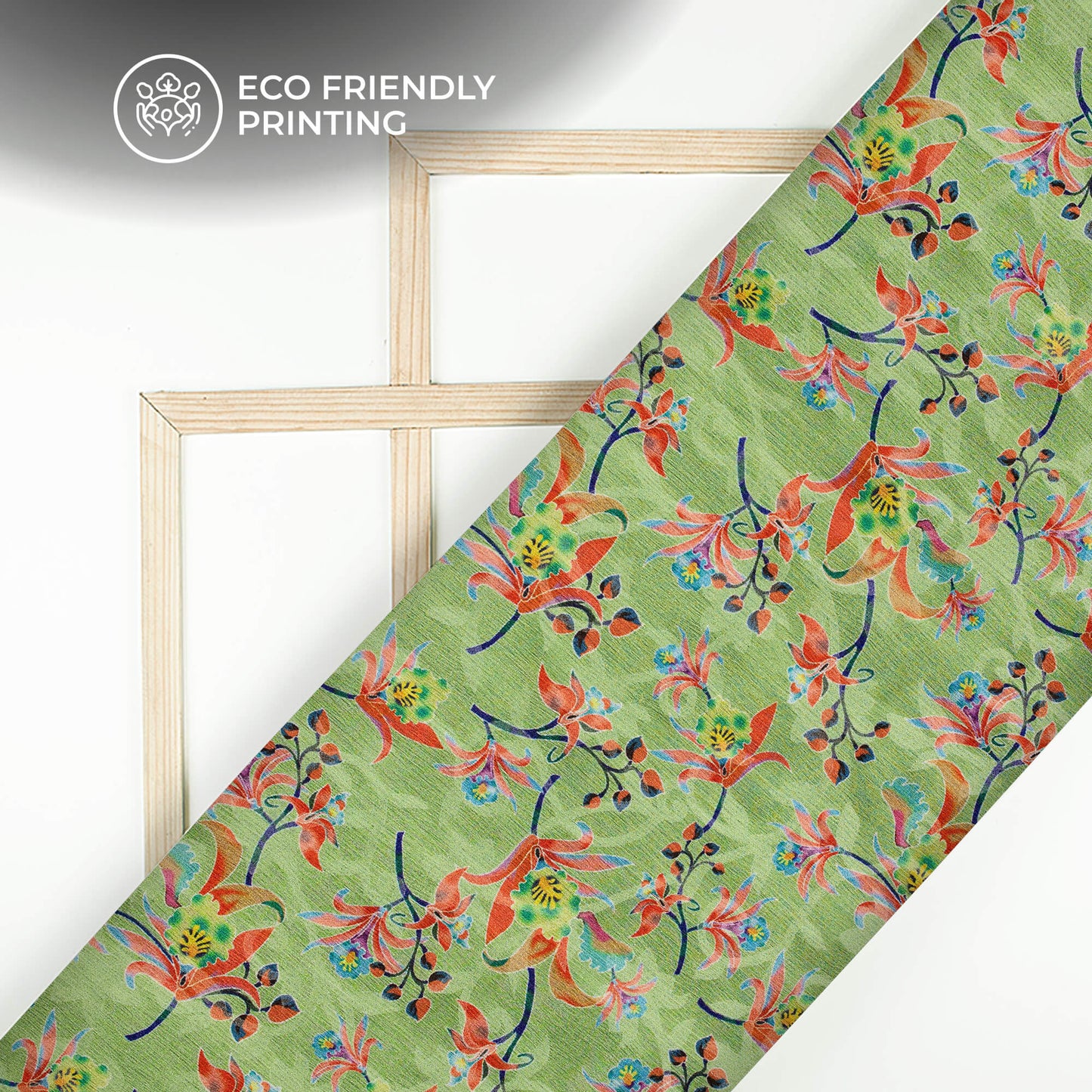 Pistachio Green And Pink Leaf Pattern Digital Print Floral Brasso Fabric