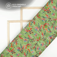 Pistachio Green And Pink Leaf Pattern Digital Print Floral Brasso Fabric