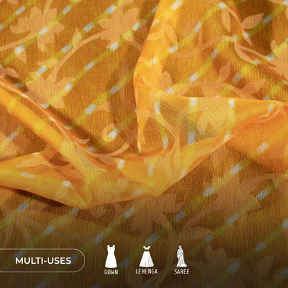 Honey Yellow Leheriya Pattern Digital Print Floral Brasso Fabric