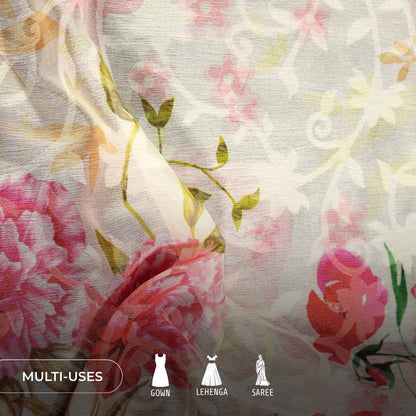 White And Dark Pink Floral Pattern Digital Print Floral Brasso Fabric